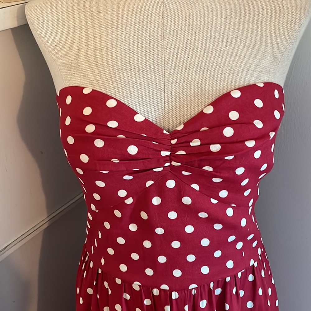Reformation Strapless Raspberry Polka Dot Midi Dress - Picture 2 of 8